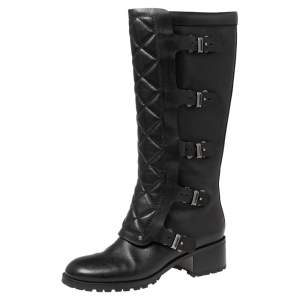 Pre Owned Marc By Marc Jacobs Black Leather Quilted Multi Strap Knee High Boots Size 40