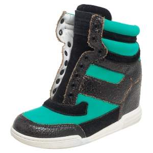 Marc by Marc Jacobs Green/Black Neoprene, Leather and Suede High-Top Wedge Sneakers Size 35