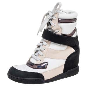 Pre Owned Marc by Marc Jacobs Tri-Color Leather and Suede Lace-Up Wedge Sneakers Size 37
