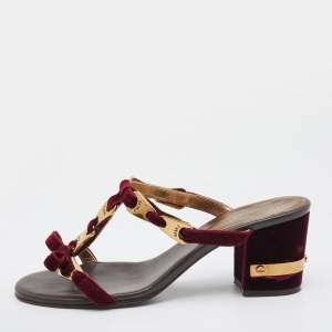 Pre Owned Marc by Marc Jacobs Burgundy Velvet Bow Block Heel Slide Sandals Size 39.5