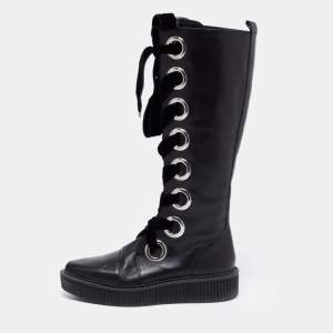 Pre Owned Marc by Marc Jacobs Black Leather Lace Up Knee High Boots Size 38