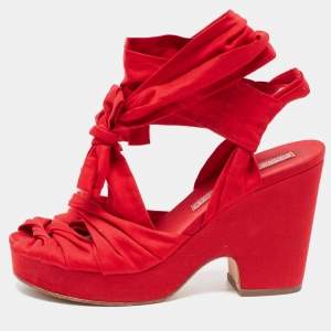 Pre Owned Marc by Marc Jacobs Red Fabric Tie Up Block Heel Sandals Size 38.5