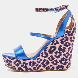 Marc by Marc Jacobs Blue/Pink Leather and Animal Print Fabric Wedge Ankle Strap Sandals Size 38