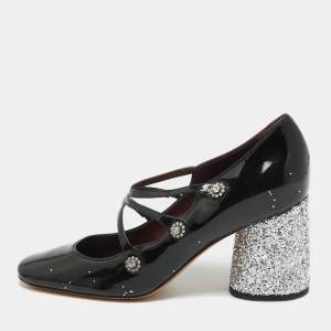 Pre Owned Marc by Marc Jacobs Black Patent And Glitter Block Heel Pumps Size 37