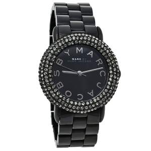 Pre Owned Marc By Marc Jacobs Black PVD Coated Stainless Steel Crystal Pave MBM3193 Women's Wristwatch 36 mm