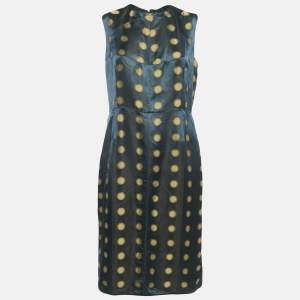 Marc Jacobs Navy Blue Polka Dot Jacquard Silk Blend Sleeveless Midi Dress L