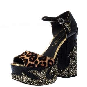 Marc Jacobs Multicolor Embossed Leather And Leopard Print Pony Hair Glitter Platform Ankle Strap Sandals Size 40.5