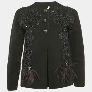 Marc Jacob Black Embellished Ostrich Feather Trim Cashmere Cardigan M