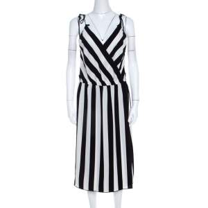 Marc Jacobs Monochrome Striped Crepe Faux Wrap Midi Dress M