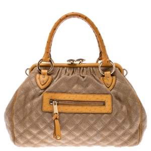 Marc Jacobs Light Brown/Mustard Quilted Coated Fabric and Ostrich Stam Satchel