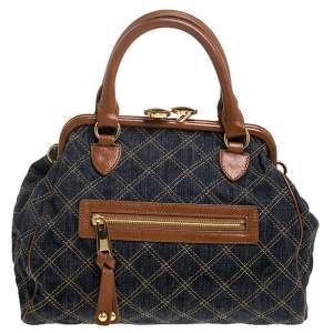 Pre Owned Marc Jacobs Blue/Tan Quilted Denim Mini Stam Satchel