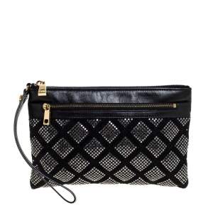 Marc Jacobs Black Crystal Embellished Quilted Suede and Leather Pouch