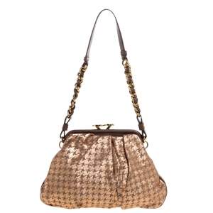 Pre Owned Marc Jacobs Taupe/Rose Gold Printed Leather Little Stam Crystal Embellished Shoulder Bag