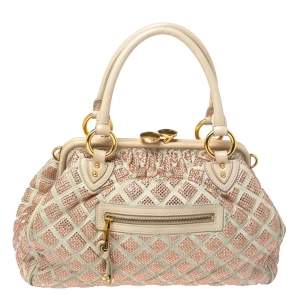 Pre Owned Marc Jacobs Ivory Crystal Embellished Suede and Leather Stam Satchel