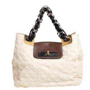 Marc Jacobs Cream/Brown Quilted Shimmer Leather Turnlock Flap Shoulder Bag