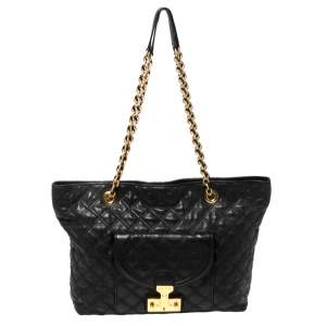 Pre Owned Marc Jacobs Black Leather Quilted Chain Tote