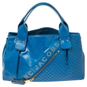 Marc Jacobs Blue Quilted Glossy Leather Eyelet Logo Tote