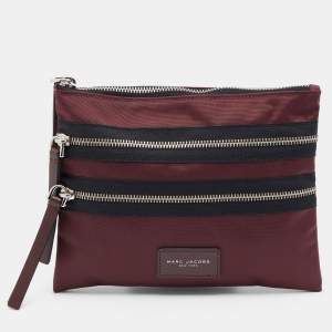 Marc Jacobs Burgundy Nylon and Leather Top Zip Clutch