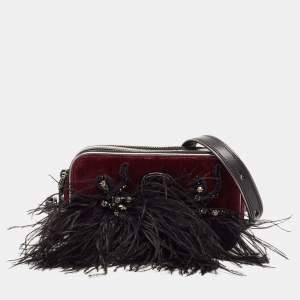 Marc Jacobs Black/Burgundy Velvet and Feather Snapshot Camera Crossbody Bag 