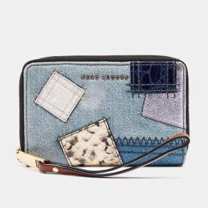 Marc Jacobs Blue/Multicolor Denim Patchwork Wristlet Zip Around Wallet