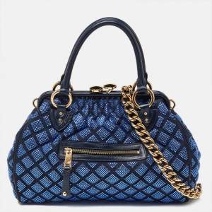 Marc Jacobs Blue Quilted Crystal Embellished Suede and Leather Stam Satchel