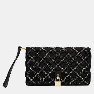 Marc Jacobs Black Suede and Satin Crystals Embellished Flap Clutch