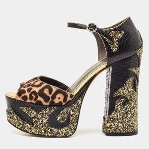 Marc Jacobs Multicolor Calf Hair and Python Embossed Leather Ankle Strap Sandals Size 38.5