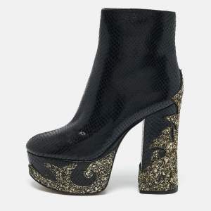 Marc Jacobs Black Python Embossed Leather Ankle Length Boots Size 37