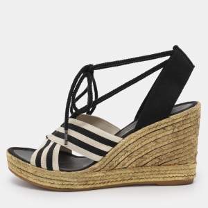 Pre Owned Marc Jacobs Black/White Stripe Canvas Dani Wedge Espadrilles Size 37