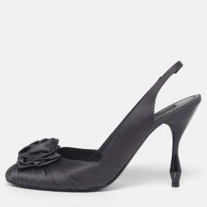 Pre Owned Marc Jacobs Size 39 Navy Blue Satin Flower Slingback Pumps   