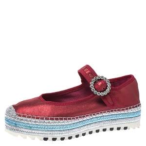 Marc Jacobs Metallic Red Leather Crystal Embellished Suzi Mary Jane Platform Sneakers Size 37