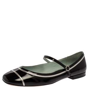 Marc Jacobs Black/ Silver Patent Leather Poppy Mary Jane Ballerina Flat Size 40