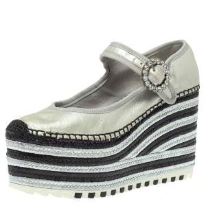 Marc Jacobs Metallic Silver Leather Crystal Embellished Suzi Mary Jane Platforms Espadrilles Size 38