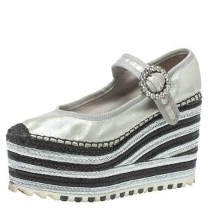 Marc Jacobs Metallic Silver Leather Crystal Embellished Suzi Mary Jane Platforms Espadrilles Size 36