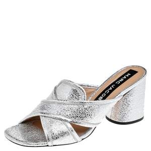 Marc Jacobs Metallic Silver Crackle Leather Criss Cross Slide Sandals Size 39