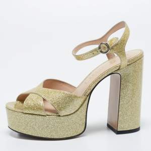 Marc Jacobs Metallic Gold Patent Leather Lust Platform Block Heel Ankle Strap Sandals Size 37