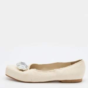 Marc Jacobs Off White Canvas Crystal Embellished Square Toe Ballet Flats Size 39