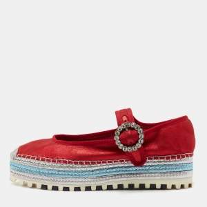 Marc Jacobs Metallic Red Nubuck Leather Crystal Embellished Suzi Mary Jane Espadrille Flats Size 36 