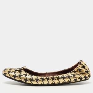 Marc Jacobs Gold/Black Leather Houndstooth Bow Ballet Flats Size 37