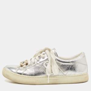 Marc Jacobs Silver Leather Empire Chain Low Top Sneakers Size 40