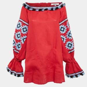 March 11 Red Tribal Motif Embroidered Linen Mini Dress XS