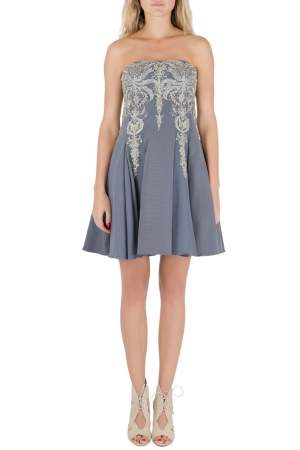 Marchesa Notte Grey Cotton Silk Tulle Embroidered Applique Strapless Dress S