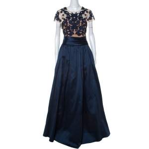 Marchesa Notte Midnight Blue Floral Embroidered Tulle Mikado Cap Sleeve Gown M