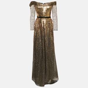Marchesa Notte Black/Gold Sequin Embellished Tulle Off Shoulder Gown L