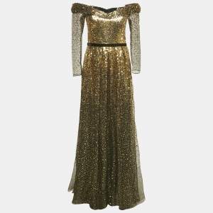 Marchesa Notte Black/Gold Sequin Embellished Tulle Off Shoulder Gown S