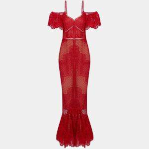فستان سهرة ماركيزا نوت دانتيل أحمر نمط عروس البحر بدون أكتاف مقاس صغير - سمول