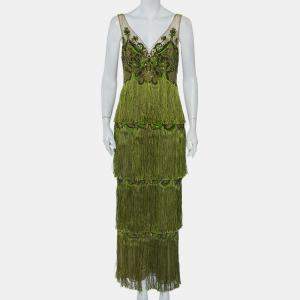 فستان سهرة ماركيزا نوت مزين شراشيب مزخرف ترتر تول أخضر مقاس وسط (ميديوم)