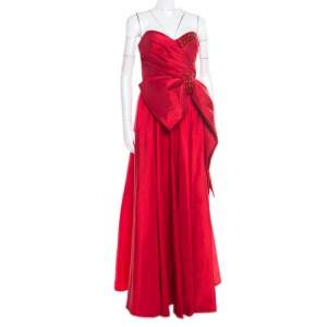Marchesa Notte Red Embellished Trim Bow detail Strapless Gown M