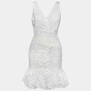 Marchesa Voyage White Floral Embroidered Lace Sleeveless Flounce Hem Dress S