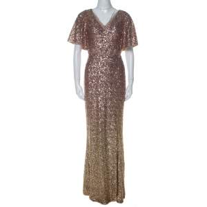 Marchesa Notte Blush & Gold Ombre Sequin Embellished Detail Gown S